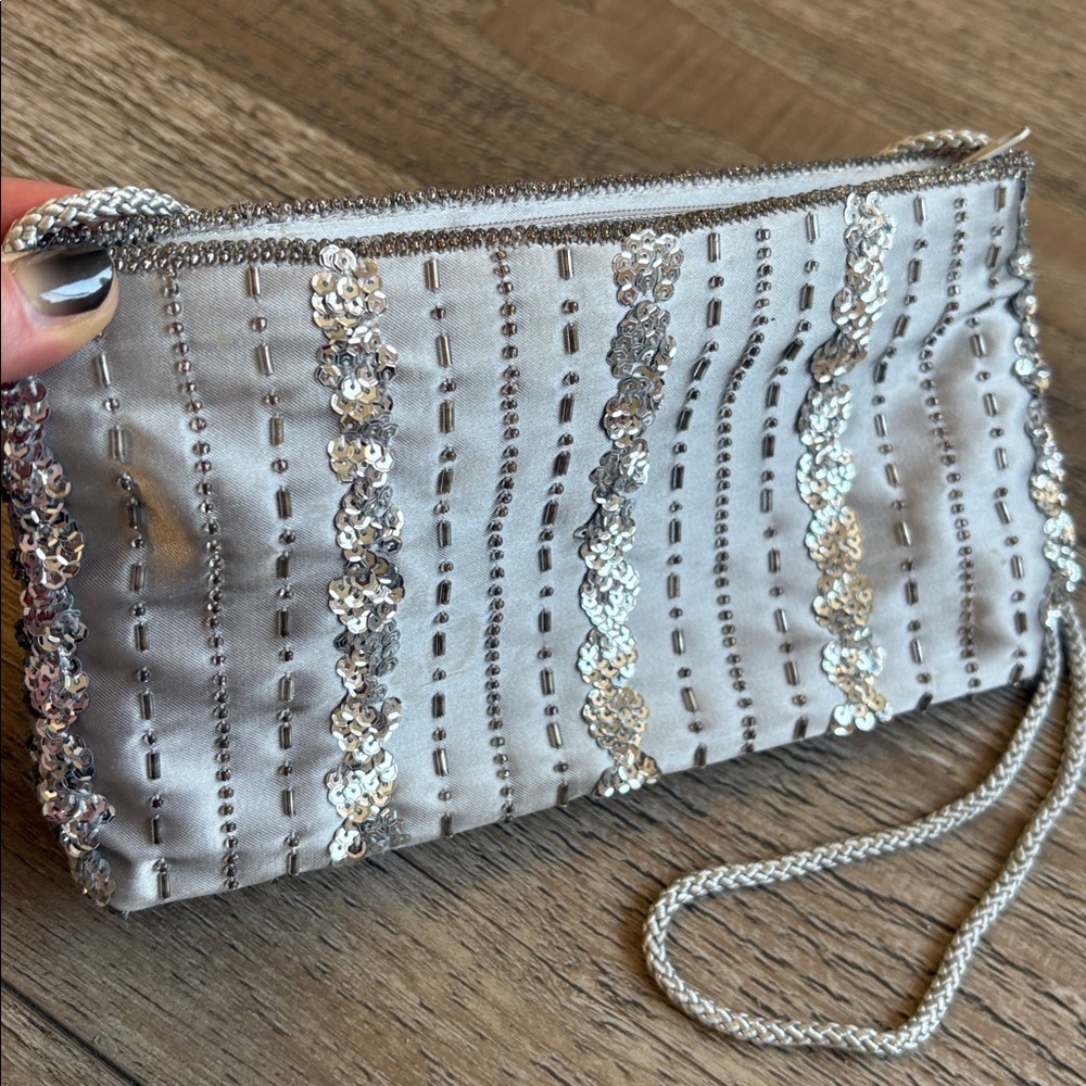 Vintage Valerie Stevens Silver Satin Clutch w Sequin & Beaded Details & Strap